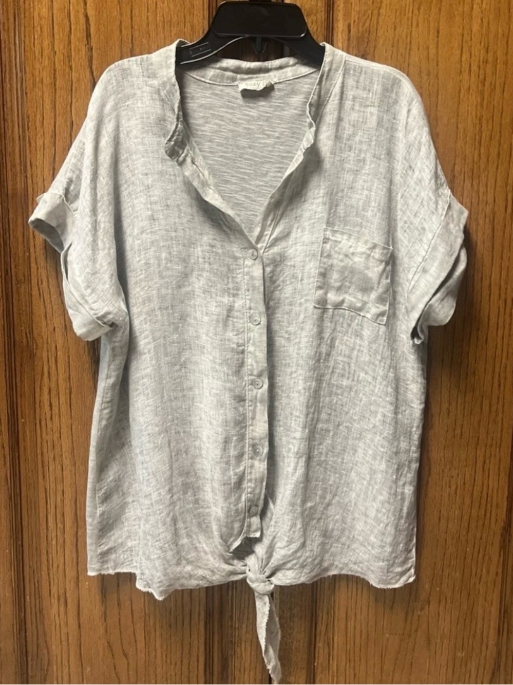 Suzy D London Linen/Cotton Tie Front Top Made In Italy Heather Gray M Raw Hem